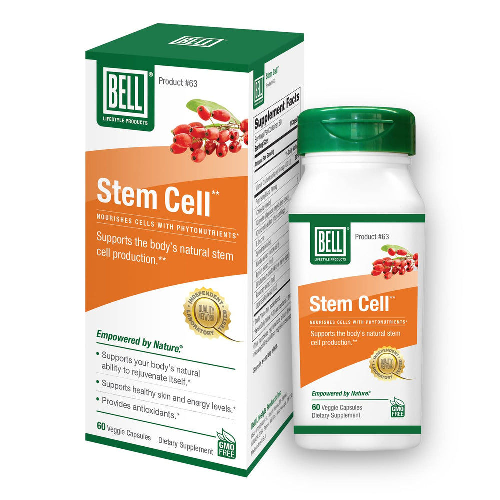 Bell Stem Cell Supplements bottle front with Celulas Madres branding