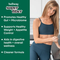 Bottle of Bellway Super Fiber + Greens Powder with scoop