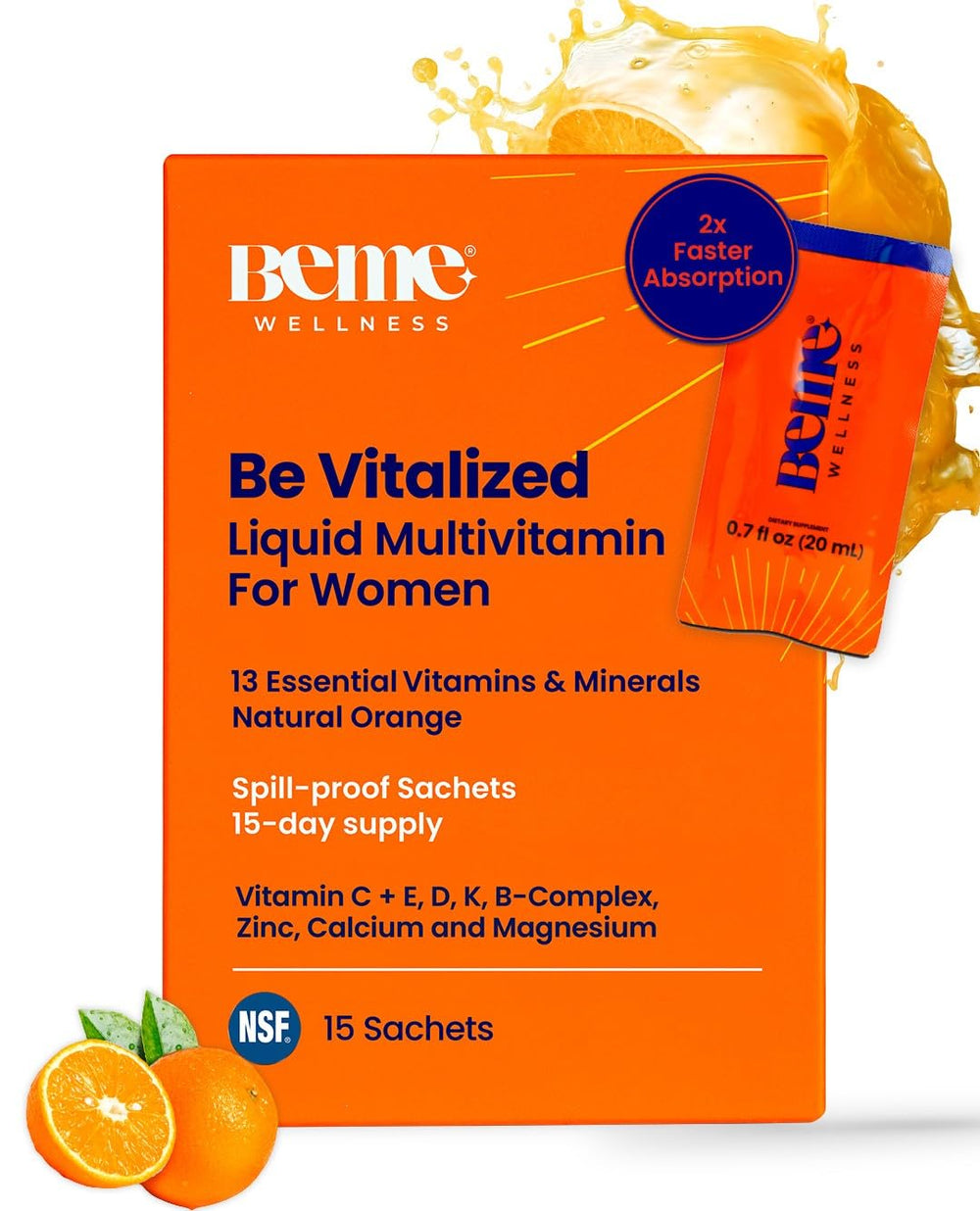 BeMe Liquid Multivitamins for Women bottle with orange flavor sachets