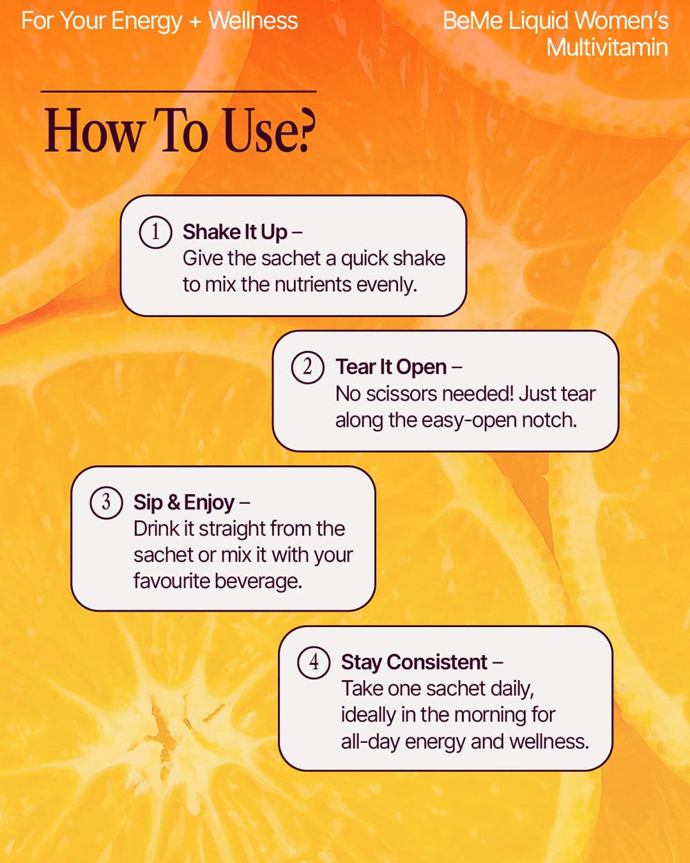 Orange-flavored BeMe liquid multivitamin for immune support and bone health