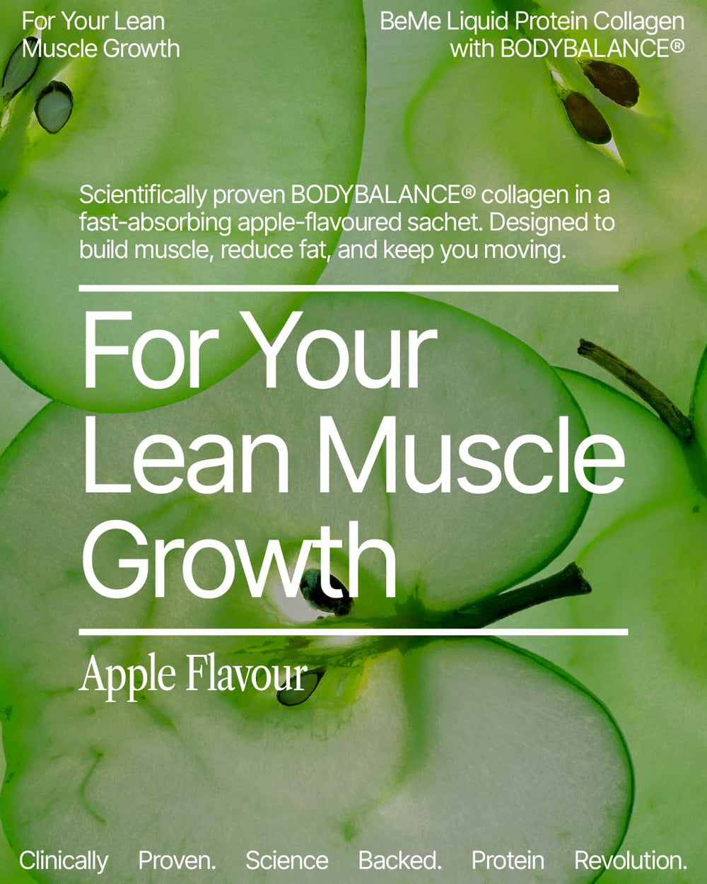 BeMe Liquid Protein Shots Apple pour illustrates fast-absorption protein for workouts and recovery.