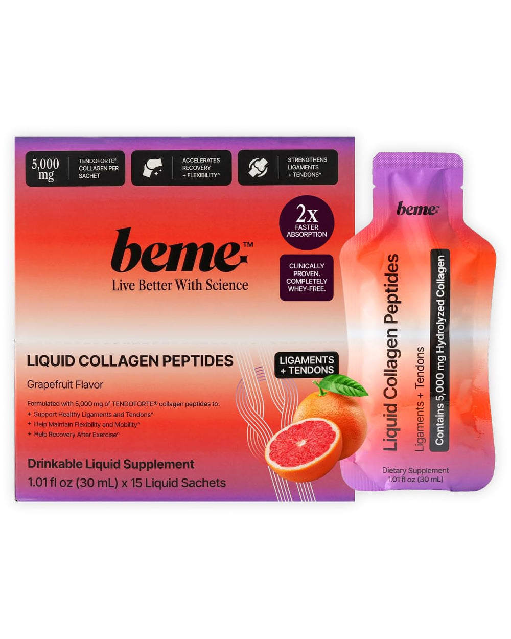 BeMe Tendon and Ligament Supplements bottle next to grapefruit sachets