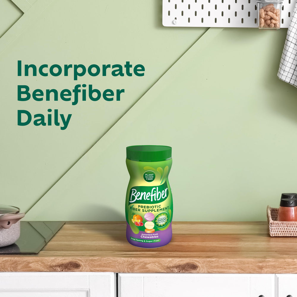Benefiber orange flavor chewable tablet close-up showing tangy taste
