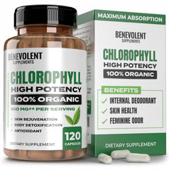 Benevolent Chlorophyll Capsules bottle with 350 mg label and 120-count