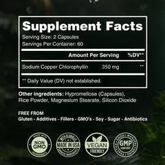 Chlorophyll capsules provided in a bottle with packaging details