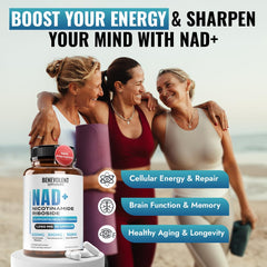 Front label of Benevolent NAD+ 1050mg bottle
