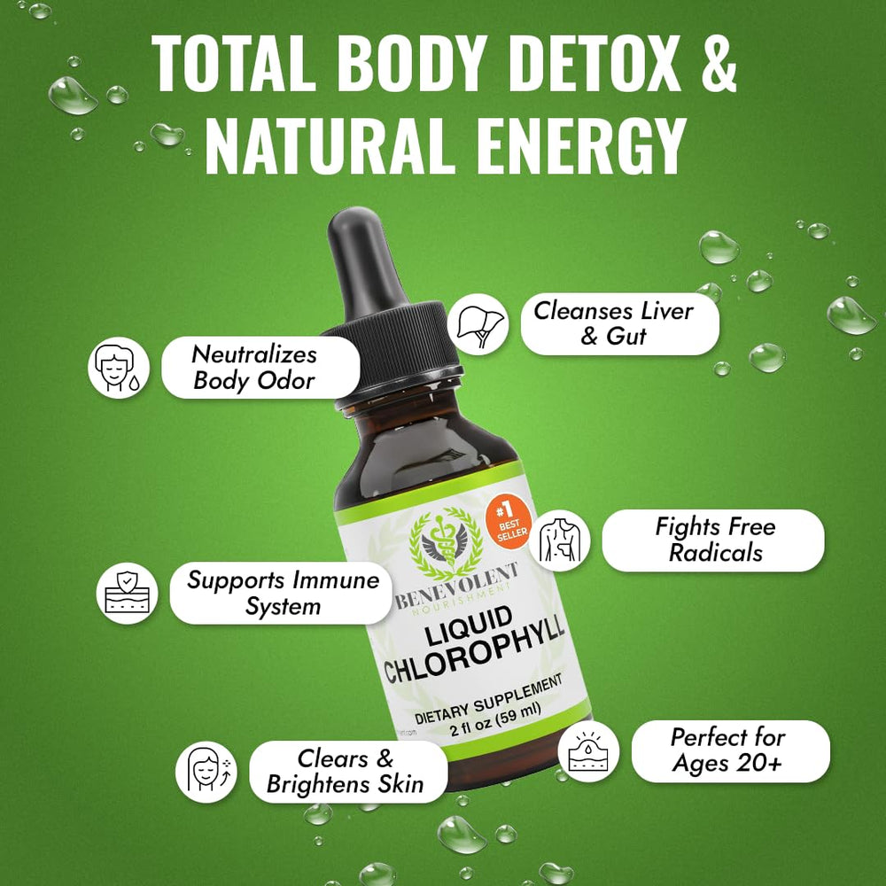 Benevolent Nourishment Chlorophyll Drops poured glass—minty start and refreshing finish.