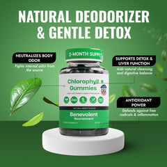 Close-up of Benevolent Nourishment label with 50 mg chlorophyllin per gummy.