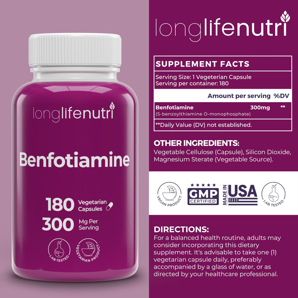 Back label of LongLifeNutri Benfotiamine bottle showing dosage and ingredients