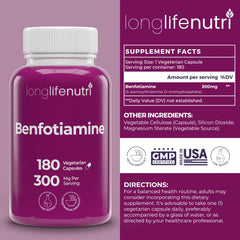 Back label of LongLifeNutri Benfotiamine bottle showing dosage and ingredients