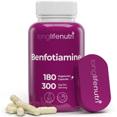 Front of LongLifeNutri Benfotiamine 300mg bottle with 180 vegetarian capsules
