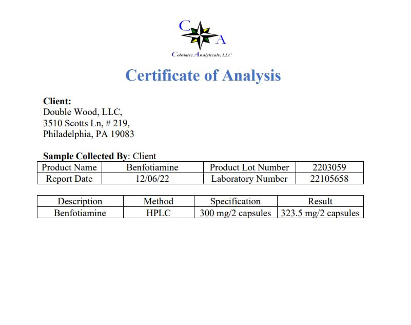 Manufactured and tested in the USA for Benfotiamine