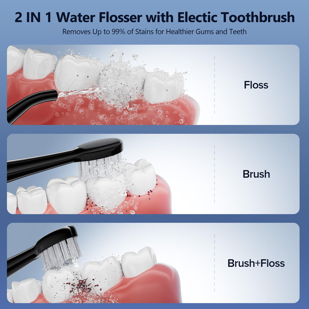 2-in-1 compact device showing toothbrush and water flosser features