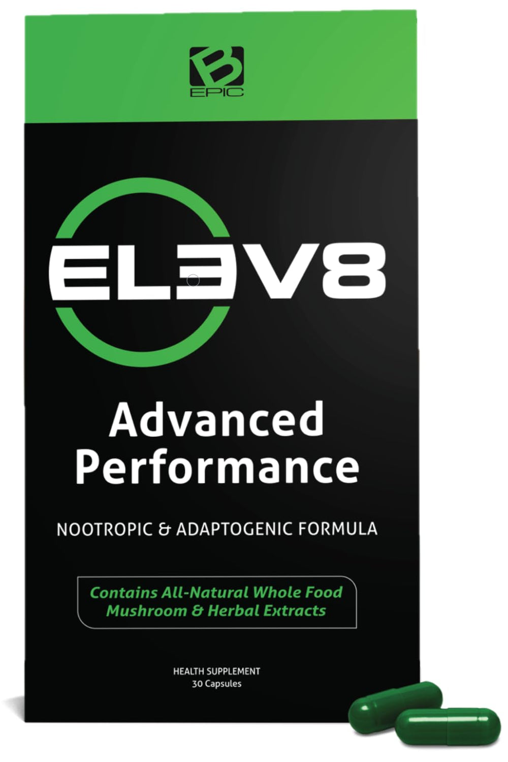 BEpic ELEV8 capsules on slate for a clean-energy, focused day.