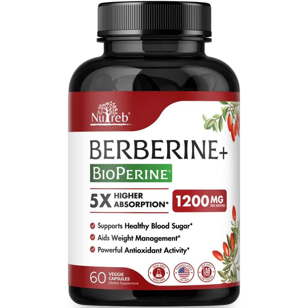 Berberine 1200mg bottle with 60 vegan capsules label
