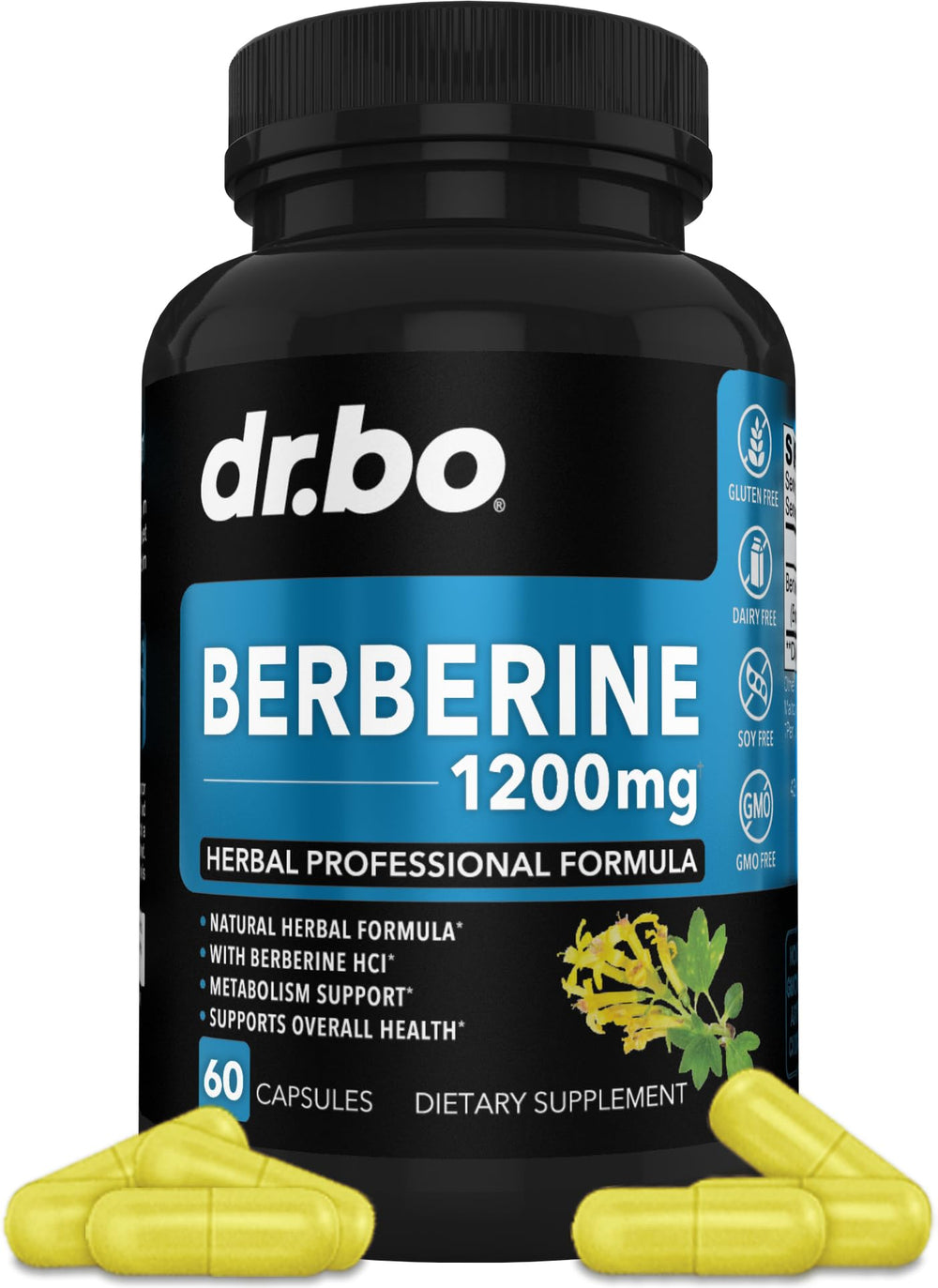 Berberine HCl 1200mg capsules bottle on white background