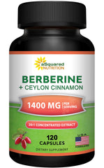 Bottle of aSquared Nutrition Berberine with Ceylon Cinnamon 1200mg Berberine HCl 120 capsules