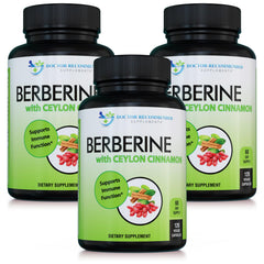 Front view of Doctor Recommended Berberine with Ceylon Cinnamon bottle for three-pack