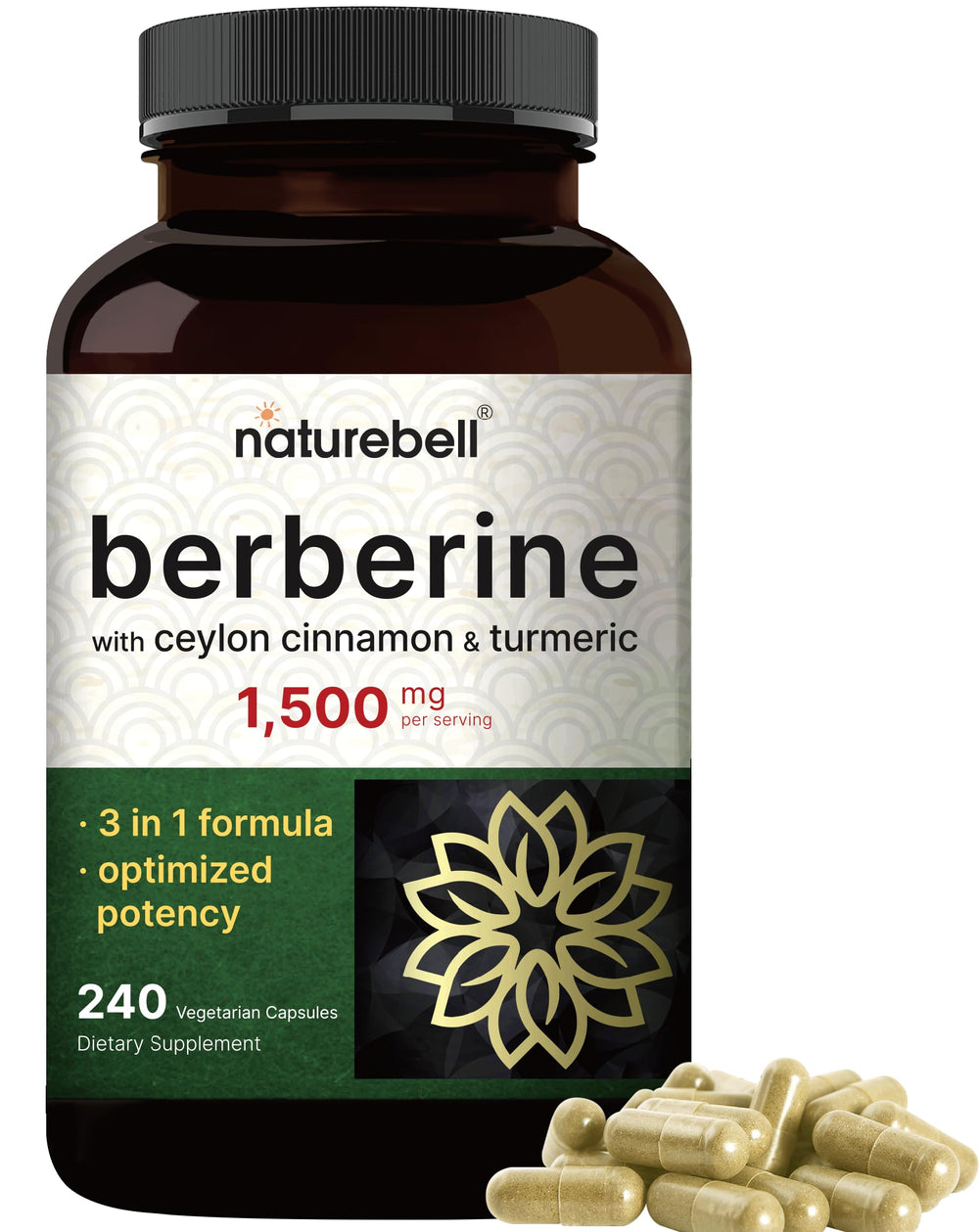 Main product shot of Berberine 1500mg with Cinnamon and Turmeric Capsule bottle