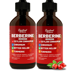 Front view of Berberine Drops bottle with cinnamon and turmeric illustration