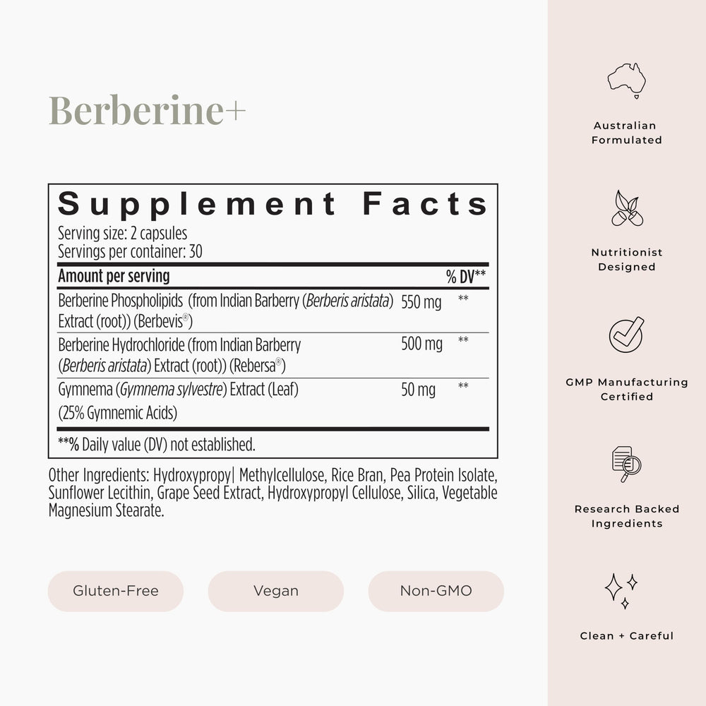 Berberine+ Formula packaging showing vegan, gluten-free, non-GMO labels