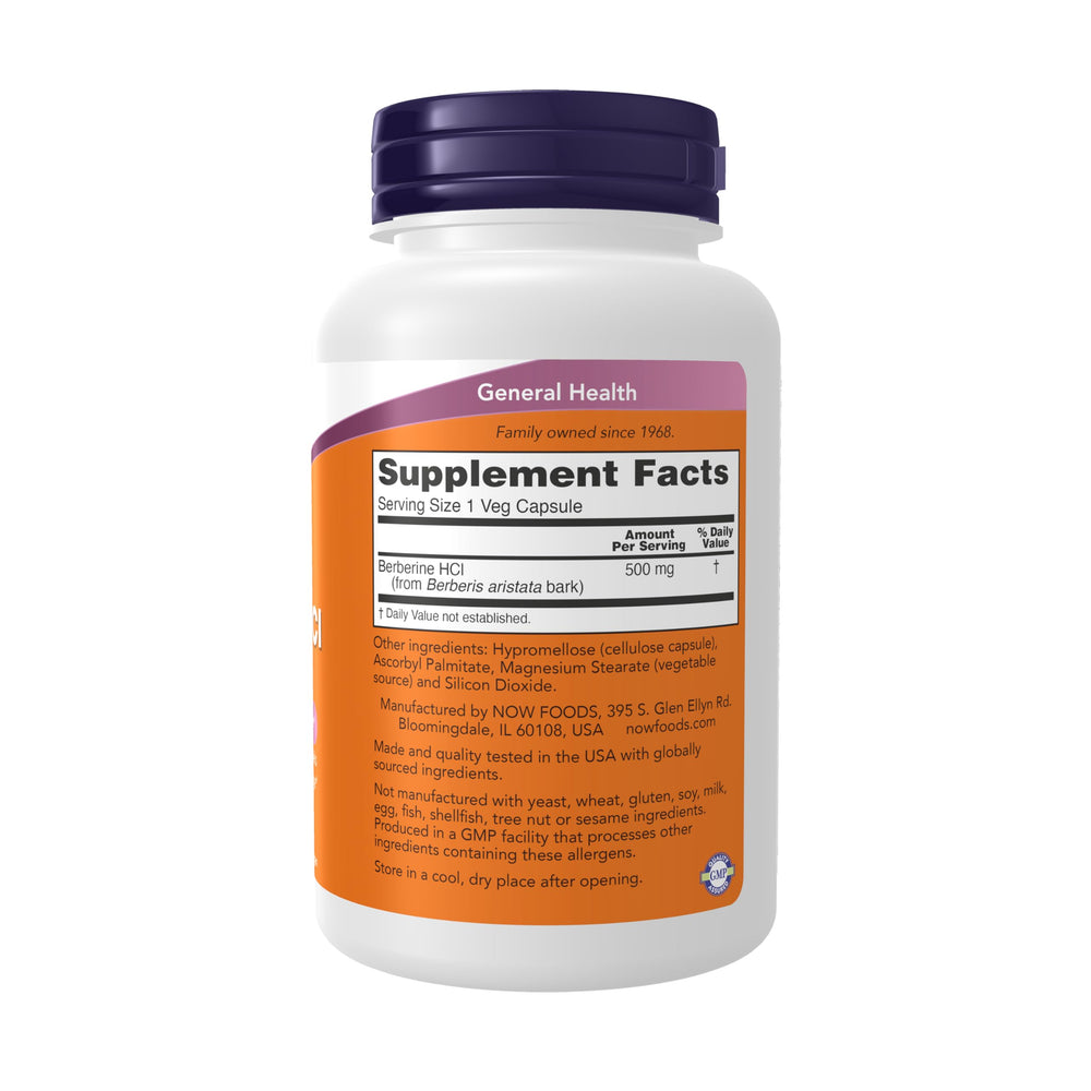 NOW Berberine HCL 500 mg bottle – back view with supplement facts