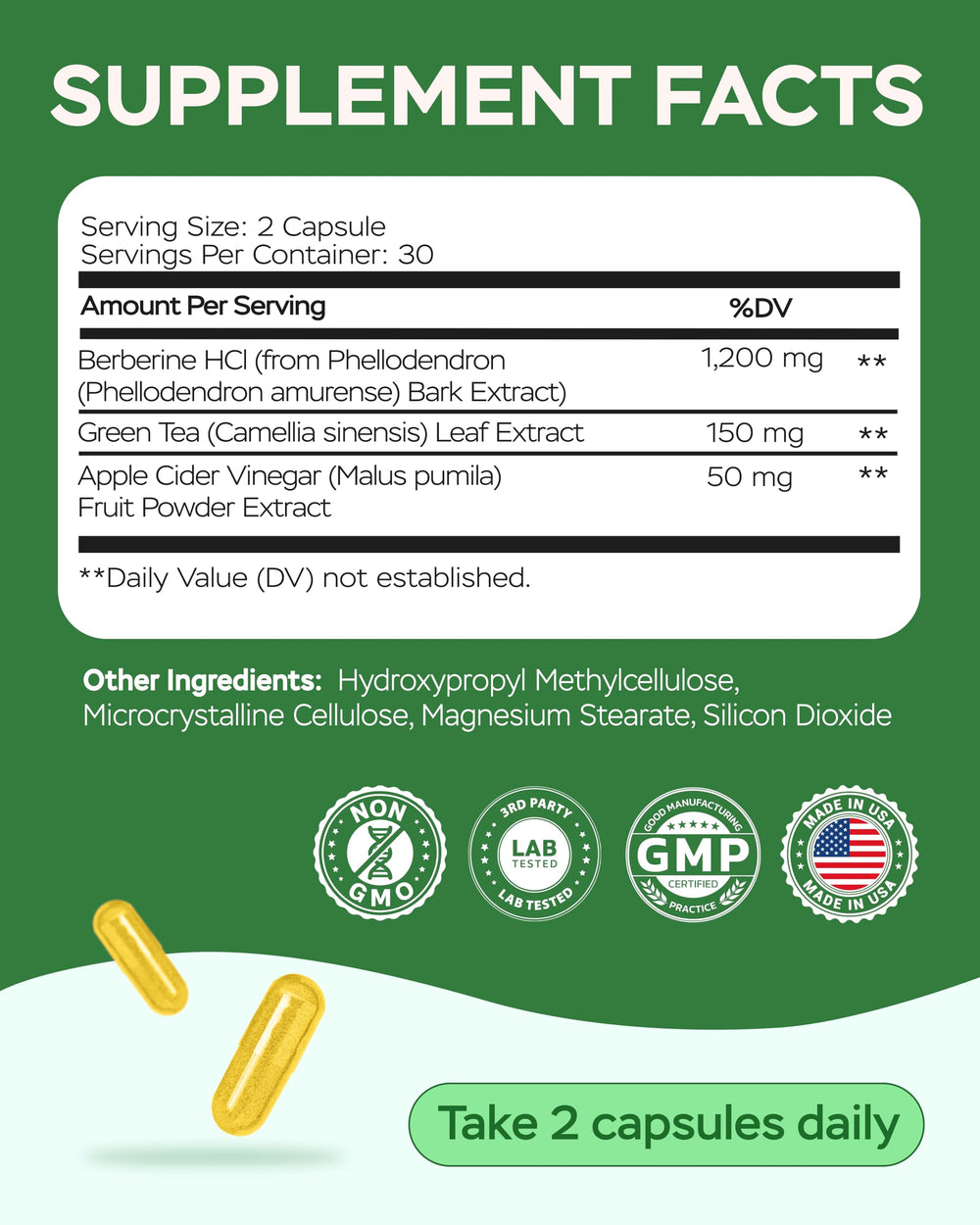 Gluten-free and non-GMO ingredients label for Berberine HCL supplement