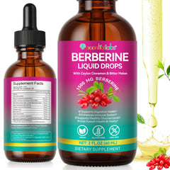 Bottle of Berberine Liquid Drops with cinnamon and turmeric imagery