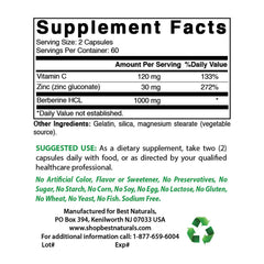 Berberine HCL 1000 mg per serving shown on the nutrition facts panel