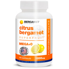 Bottle of BergaMet Citrus Bergamot supplement showing 170:1 extract and 1200mg per serving