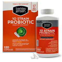 Front view of Berkley Jensen Natural 10-Strain Probiotic Supplement bottle