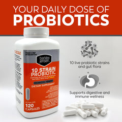 Close-up of bottle label showing 10 probiotic strains and 10 billion CFUs