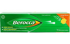 Berocca Performance 15 Orange Tablets packaging with orange drink