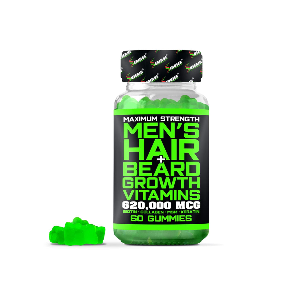 Beard Growth Vitamins bottle and gummies