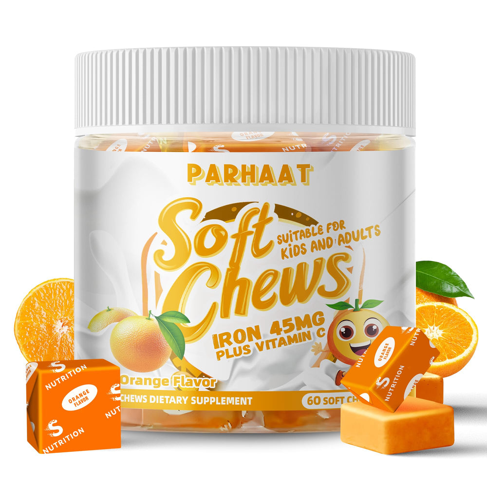 Bottle of orange-flavored iron soft chews, 60 count