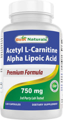 Bottle of Best Naturals Acetyl L-Carnitine and Alpha Lipoic Acid 750 mg 120 capsules