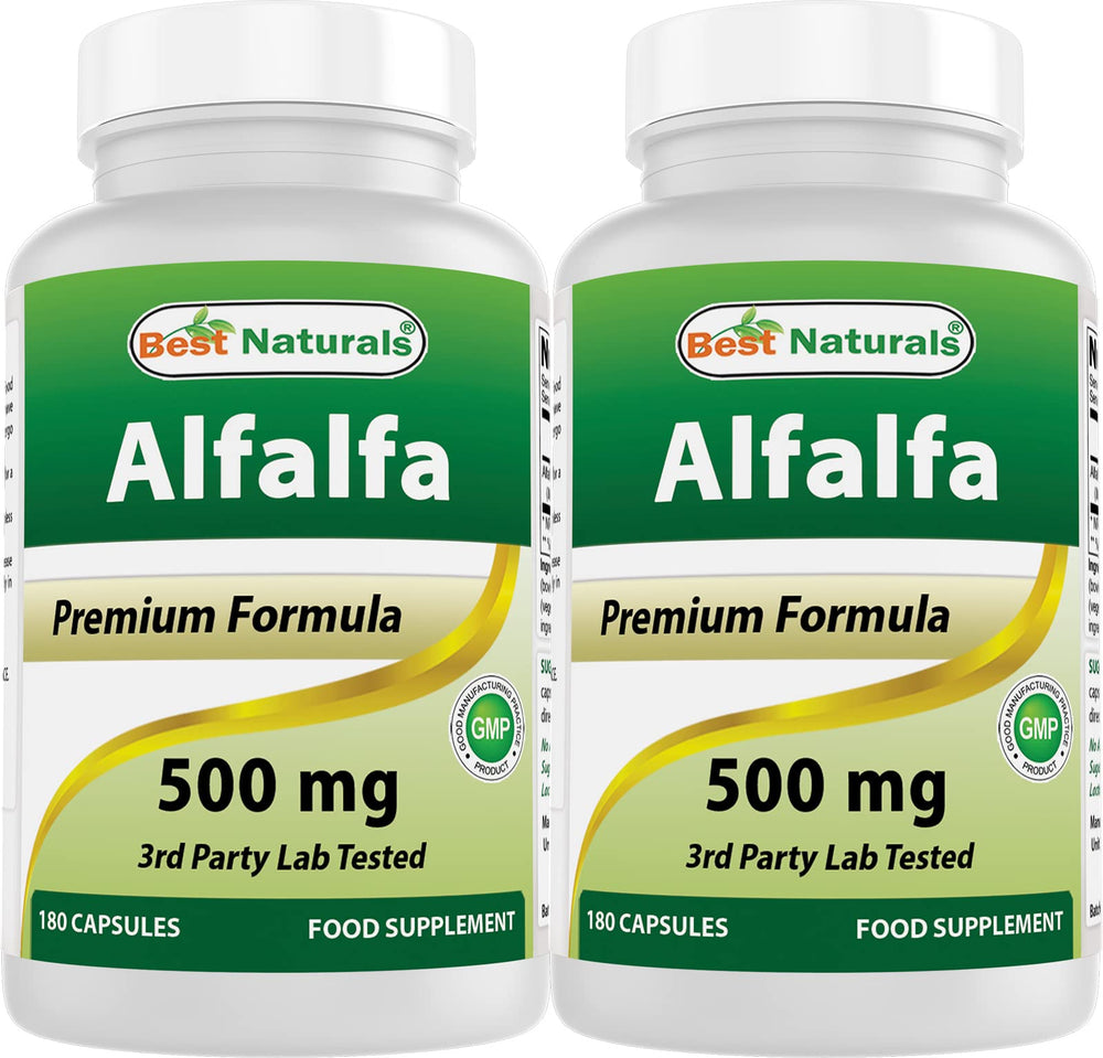 Front view of Best Naturals Alfalfa Green Super Food bottle with 180 capsules, Pack of 2
