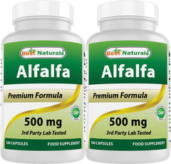 Front view of Best Naturals Alfalfa Green Super Food bottle with 180 capsules, Pack of 2