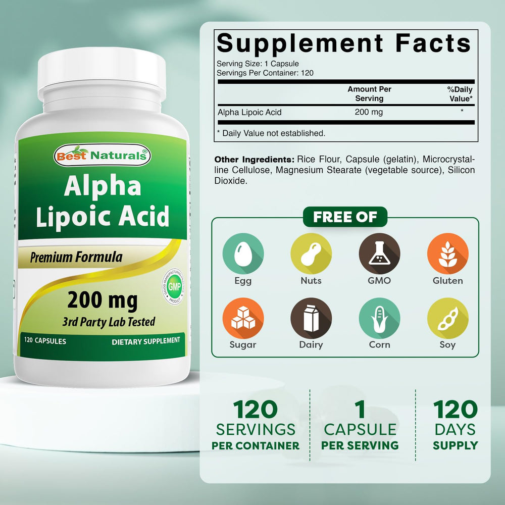 Bottle of Best Naturals Alpha Lipoic Acid 200 mg with label
