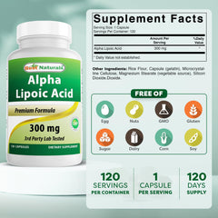 Back label with supplement facts and ingredients on Best Naturals Alpha Lipoic Acid bottle