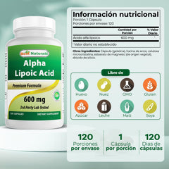 Close-up of Best Naturals Alpha Lipoic Acid 600 mg bottle label