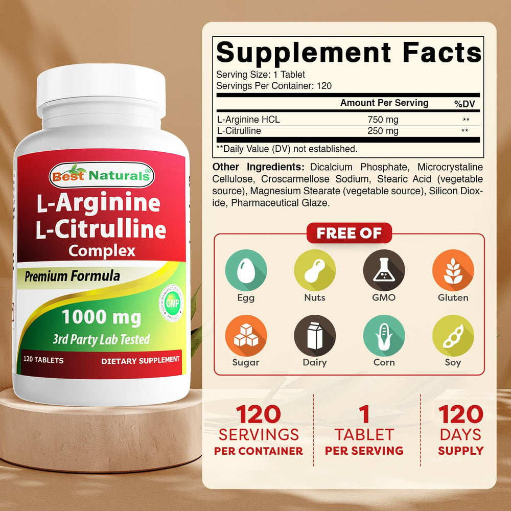 Close-up of Best Naturals Arginine Citruline Complex bottle label
