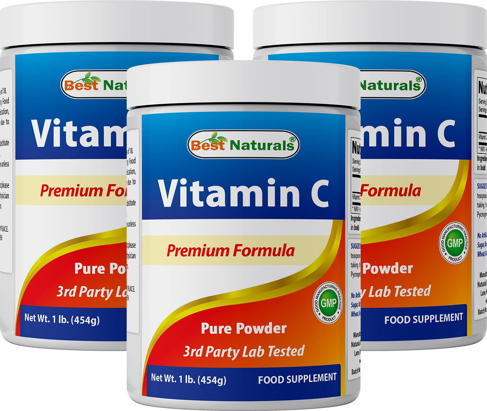 Front view of Best Naturals Vitamin C Powder 3-pack 1 lb bottles