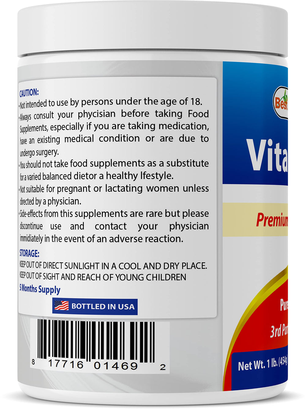 Close-up of labeling for Best Naturals Vitamin C Powder