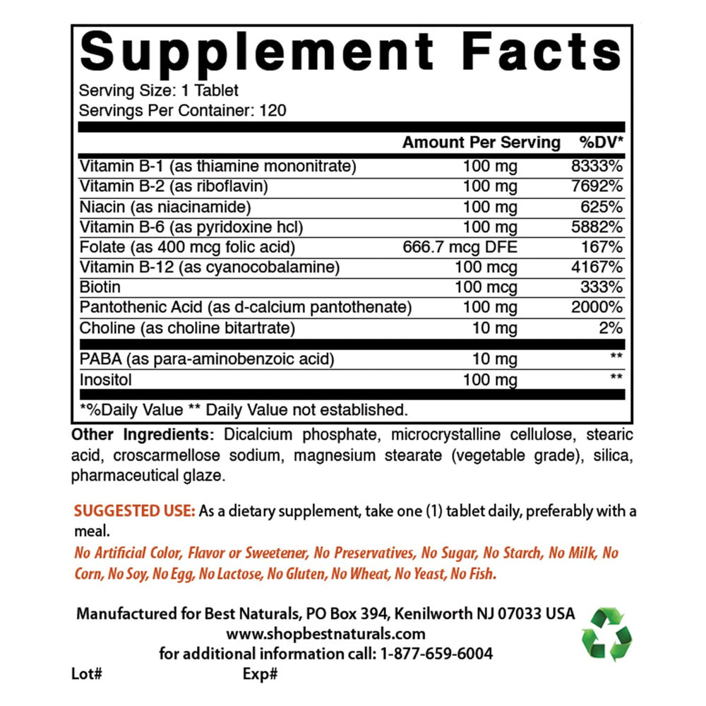 Best Naturals B-100 Complex bottle back label showing supplement facts