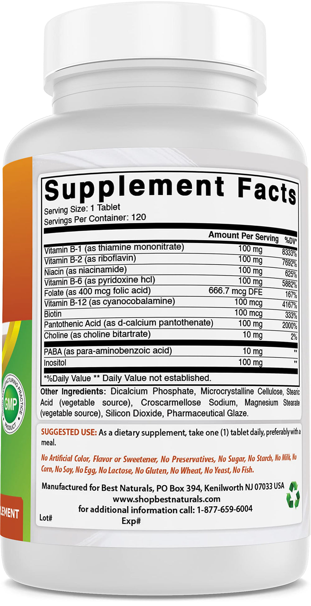 Ingredients list on the Best Naturals B-100 Complex bottle.