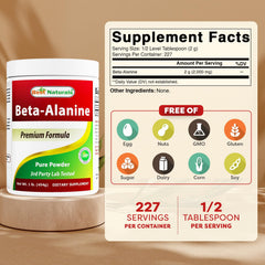 Best Naturals Beta-Alanine Pure Powder scoop showing serving size for workouts