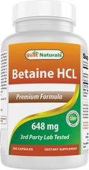Bottle of Best Naturals Betaine HCL 648 mg 250 capsules
