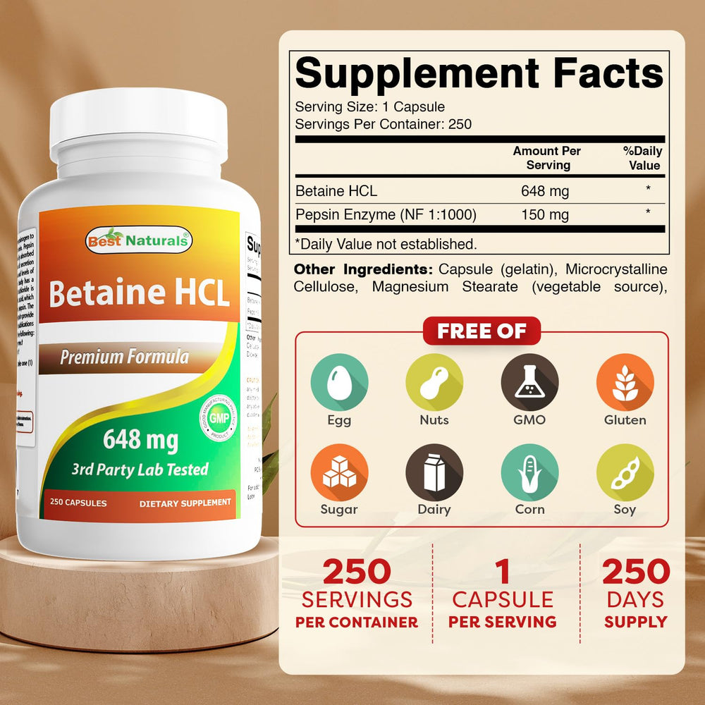 Label for Best Naturals Betaine HCL 648 mg 250 capsules