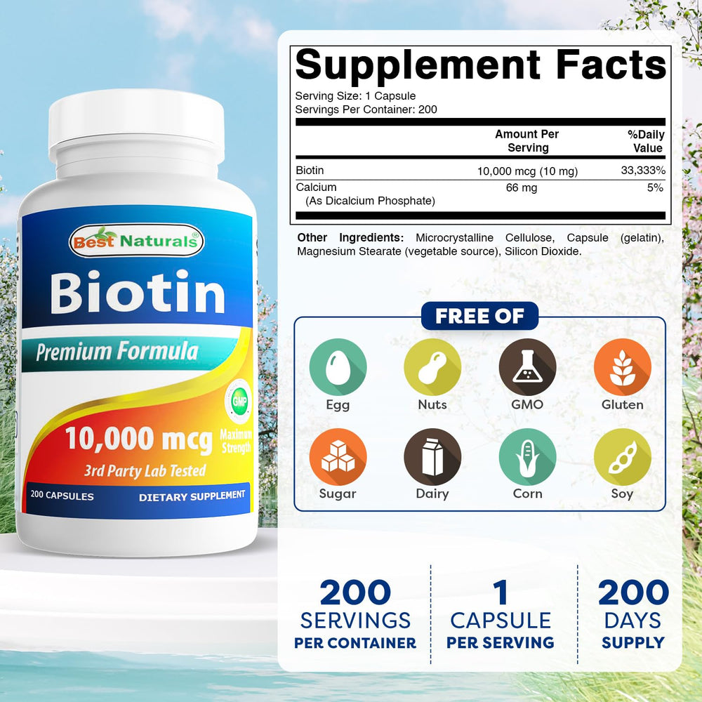 Close-up of Biotin 10000 mcg capsules